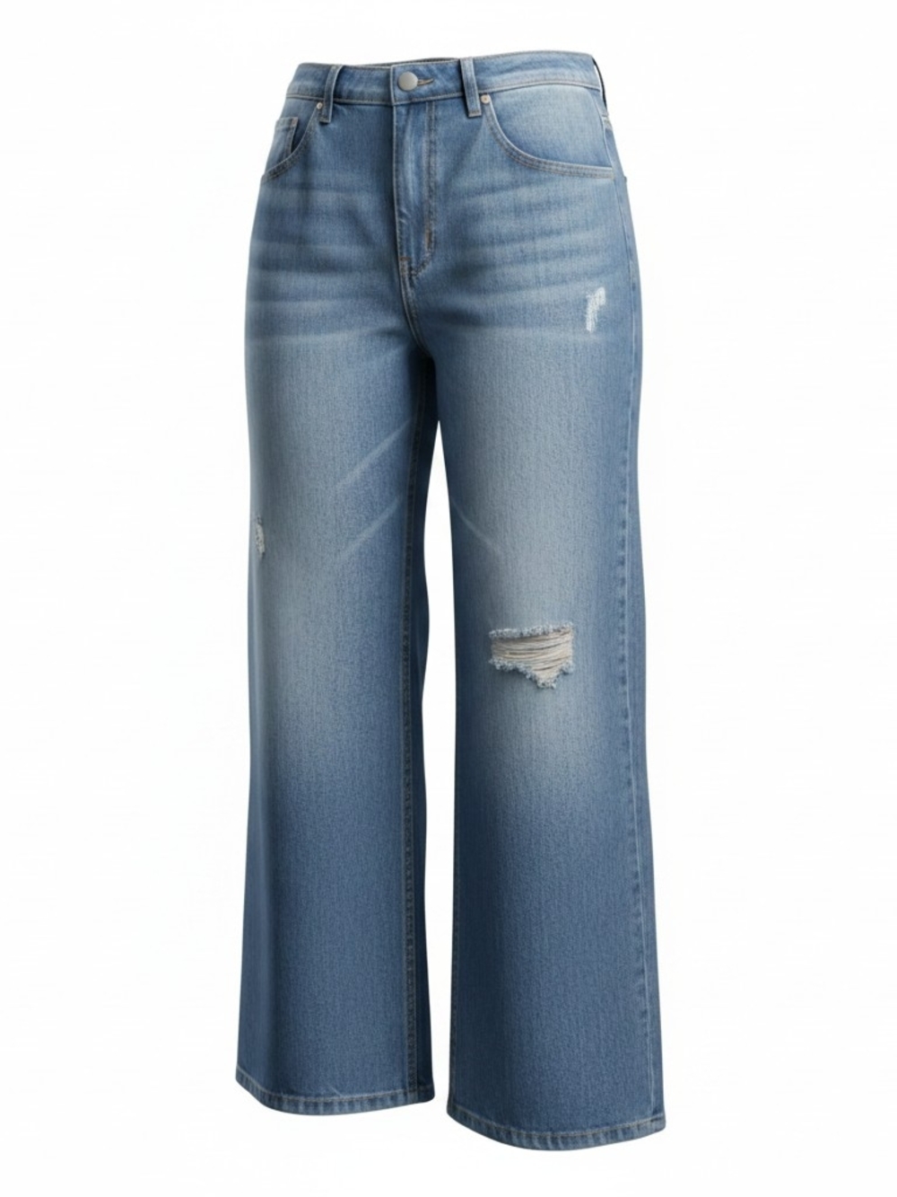 CIDER | Distressed High-Waisted Relaxed Baggy Medium‎ Wash Wide-Leg Jeans | L